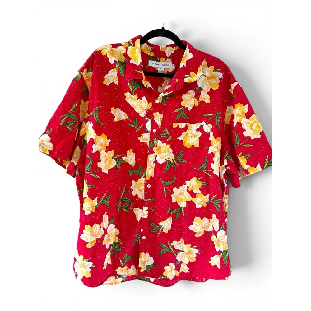 Old Navy Built-In Flex Mens Red Floral Hawaiian Shirt All Over Print AOP Sz XXXL